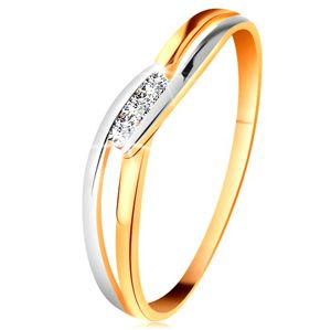 Diamantový prsten ze 14K zlata, tři čiré brilianty, rozdělená zvlněná ramena - Velikost: 61