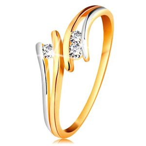 Diamantový zlatý prsten 585, tři zářivé čiré brilianty, rozdělená dvoubarevná ramena - Velikost: 54