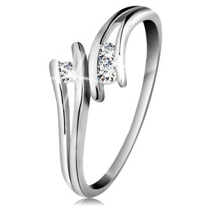 Diamantový zlatý prsten 585, tři zářivé čiré brilianty, rozdělená ramena, bílé zlato - Velikost: 49