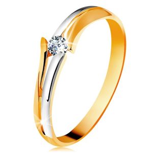 Diamantový zlatý prsten 585, zářivý čirý briliant, rozdělená dvoubarevná ramena - Velikost: 60