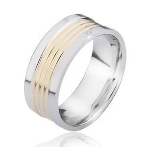 Dvojfarebný oceľový prsteň so zaoblenými zlatými pásmi - Velikost: 65