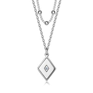 Dvojitý náhrdelník ze stříbra 925 - kosočtverec s čirým diamantem uprostřed, hladké kuličky