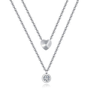 Dvojitý ocelový náhrdelník - srdíčko a čirý zirkon v objímce, stříbrná barva