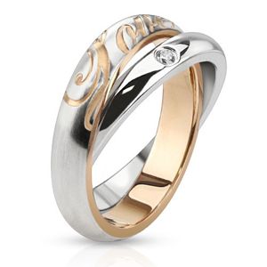 Dvojitý ocelový prsten - stříbrné obroučky, zirkon, nápis Love - Velikost: 53