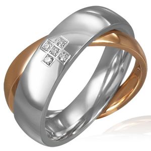 Dvojitý ocelový prsten - zirkonový kříž, zlatý a stříbrný - Velikost: 49