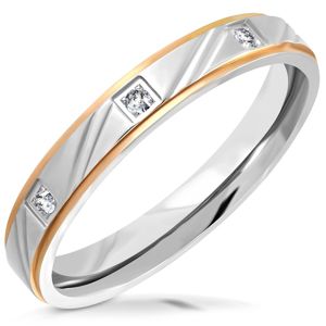 Dvoubarevný ocelový prsten - matný pás se zářezy, snížené hrany, zirkony, 3,5 mm - Velikost: 57