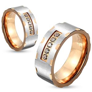 Dvoubarevný ocelový prsten, stříbrný a měděný odstín, zářezy, čiré zirkony, 6 mm - Velikost: 50