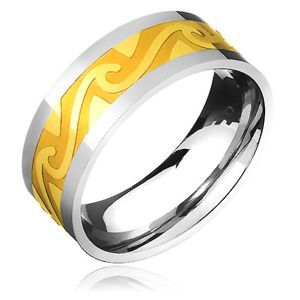 Dvoubarevný ocelový prsten - zlatý pás, motiv bouřlivých vln - Velikost: 67