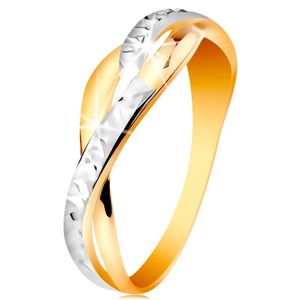 Dvoubarevný prsten ve 14K zlatě - rozdělené a zvlněné linie ramen, blýskavé zářezy - Velikost: 58