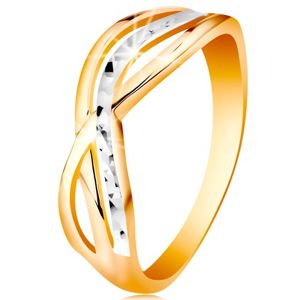 Dvoubarevný prsten ve 14K zlatě - zvlněné a rozvětvené linie ramen, rýhy - Velikost: 48