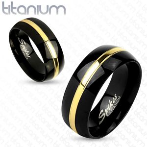 Dvoubarevný prsten z titanu, černý oblý povrch, pás zlaté barvy, 6 mm - Velikost: 49