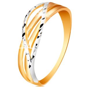 Dvoubarevný prsten ze 14K zlata - rozvětvené a zvlněné linie ramen, zářezy - Velikost: 49