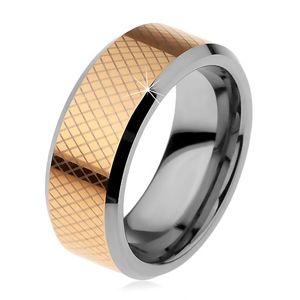 Dvoubarevný wolframový prsten, drobné kosočtverce, zkosené okraje, 8 mm - Velikost: 67