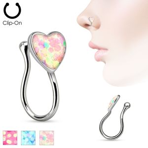 Fake piercing do nosu z chirurgické oceli, blýskavé opálové srdíčko - Barva piercing: Růžová