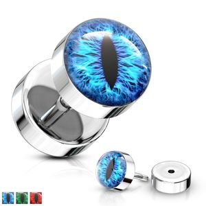 Fake plug z chirurgické oceli stříbrné barvy s motivem hadího oka - Barva piercing: Modrá