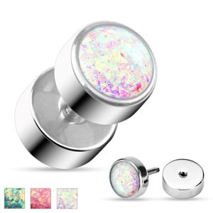 Fake plug z chirurgické oceli ve stříbrném odstínu, blýskavý syntetický opál - Barva: Růžová