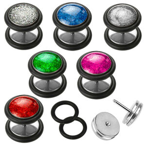 Fake plug z oceli 316L, kulatý tvar, černé gumičky, různé barvy, 6 mm - Barva piercing: Duhová