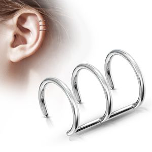 Falešný piercing do ucha z oceli 316L - tři prstence stříbrné barvy