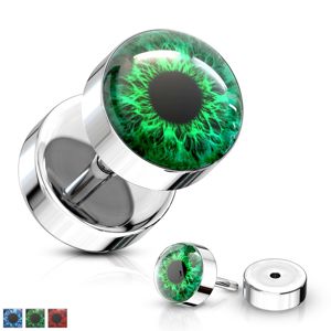 Falešný plug z oceli 316L - barevné oko s černou zorničkou, čirá glazura - Barva piercing: Zelená