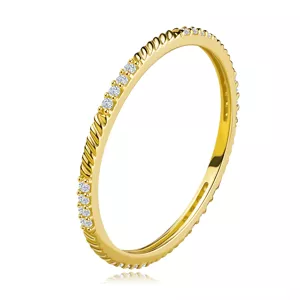 Jemný prsten ze žlutého zlata 585 - řada kulatých zirkonů, šikmé zářezy - Velikost: 49