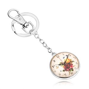 Klíčenka ve stylu cabochon, čiré vypouklé sklo, motiv hodin s květy