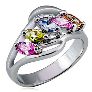 Kovový prsten, rozvětvená ramena s barevnými zirkony v řadě - Velikost: 58