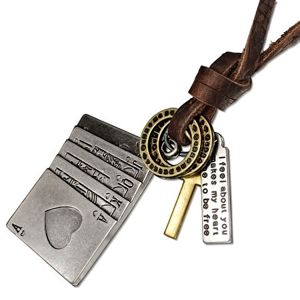 Kožený náhrdelník - hrací karty, kříž, obroučky, známka z kovu