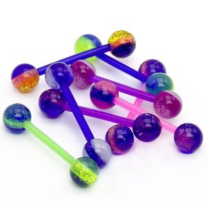 Kuličkový piercing do jazyka - barevné pásky, flitry - Barva piercing: Světlerůžová - Fialová