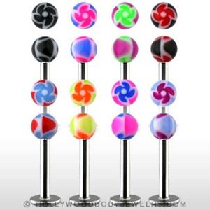 Labret - barevné kuličky s ornamentem spirály - Barva piercing: Bílá - Černá