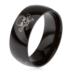 Lesklý černý prsten z oceli 316L, ocelově šedý potisk, lebky s překříženými hnáty - Velikost: 67