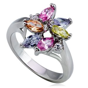 Lesklý kovový prsten - květ, barevné slzičkové a kulaté zirkony - Velikost: 56
