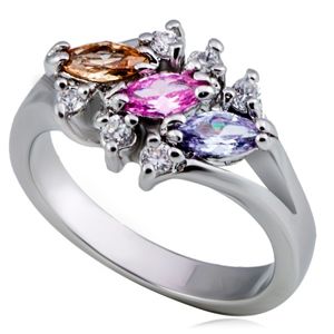 Lesklý kovový prsten - tři barevné zrnkové zirkony, čirý lem - Velikost: 59