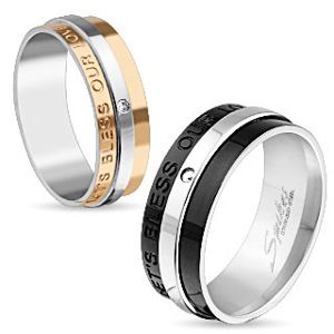 Lesklý ocelový prsten, černá a stříbrná barva, nápis, čirý zirkon, 8 mm - Velikost: 70
