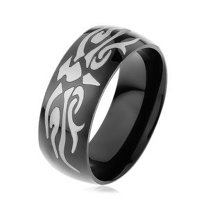 Lesklý ocelový prsten černé barvy, šedý motiv tribal, hladký povrch - Velikost: 70