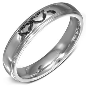 Lesklý ocelový prsten - hladká obroučka se dvěma spojenými srdci - Velikost: 52