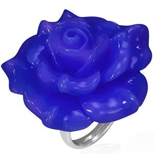 Lesklý ocelový prsten - modrá růže z pryskyřice - Velikost: 57
