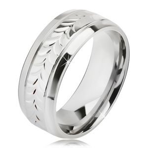 Lesklý ocelový prsten, rýhy, vzor z rozdvojených lístků - Velikost: 62