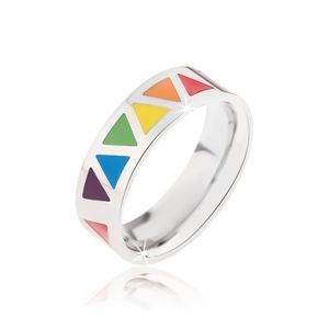 Lesklý ocelový prsten s barevnými trojúhelníky - Velikost: 57