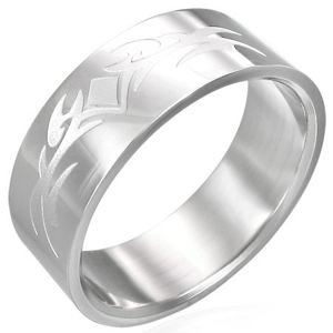 Lesklý ocelový prsten s matným symbolem tribal - Velikost: 56