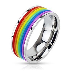 Lesklý ocelový prsten s pryžovými pásky v barvách duhy - Velikost: 69
