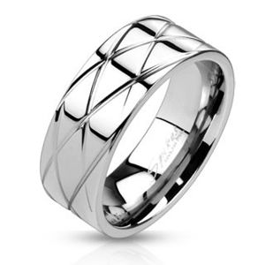 Lesklý ocelový prsten - šikmé zářezy - Velikost: 69