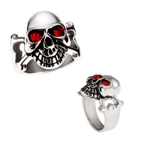 Lesklý ocelový prsten - stříbrná lebka s červenýma očima - Velikost: 65