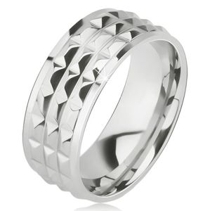 Lesklý ocelový prsten - stříbrná obroučka na prst, ozdobné diamantové plošky - Velikost: 67