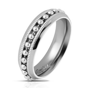 Lesklý ocelový prsten stříbrné barvy, kuličkový řetízek, vroubkované linie, 6 mm - Velikost: 49