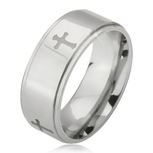 Lesklý ocelový prsten - stříbrný kroužek, vyrytý matný kříž, snížený okraj - Velikost: 68