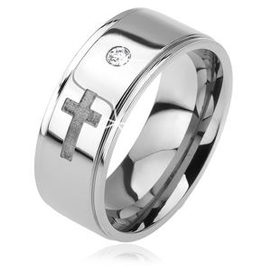 Lesklý ocelový prsten - vystouplý pás, čirý zirkon, matný kříž, 6 mm - Velikost: 57