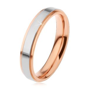 Lesklý ocelový prsten, vyvýšený pás stříbrné barvy a měděné okraje, 4 mm - Velikost: 54