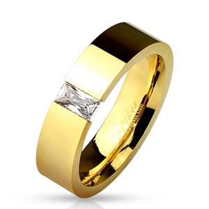 Lesklý ocelový prsten zlaté barvy, vsazený obdélníkový čirý zirkon, 6 mm - Velikost: 70