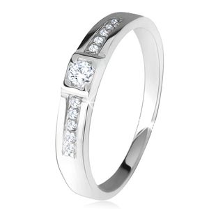 Lesklý prsten, dvě rovné linie, čiré kamínky, stříbro 925 - Velikost: 53