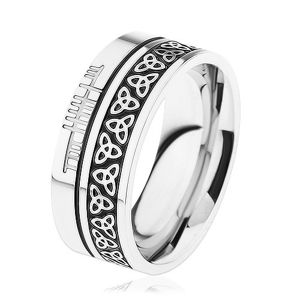 Lesklý prsten, ocel 316L, vzor - keltský uzel, lemy stříbrné barvy - Velikost: 57